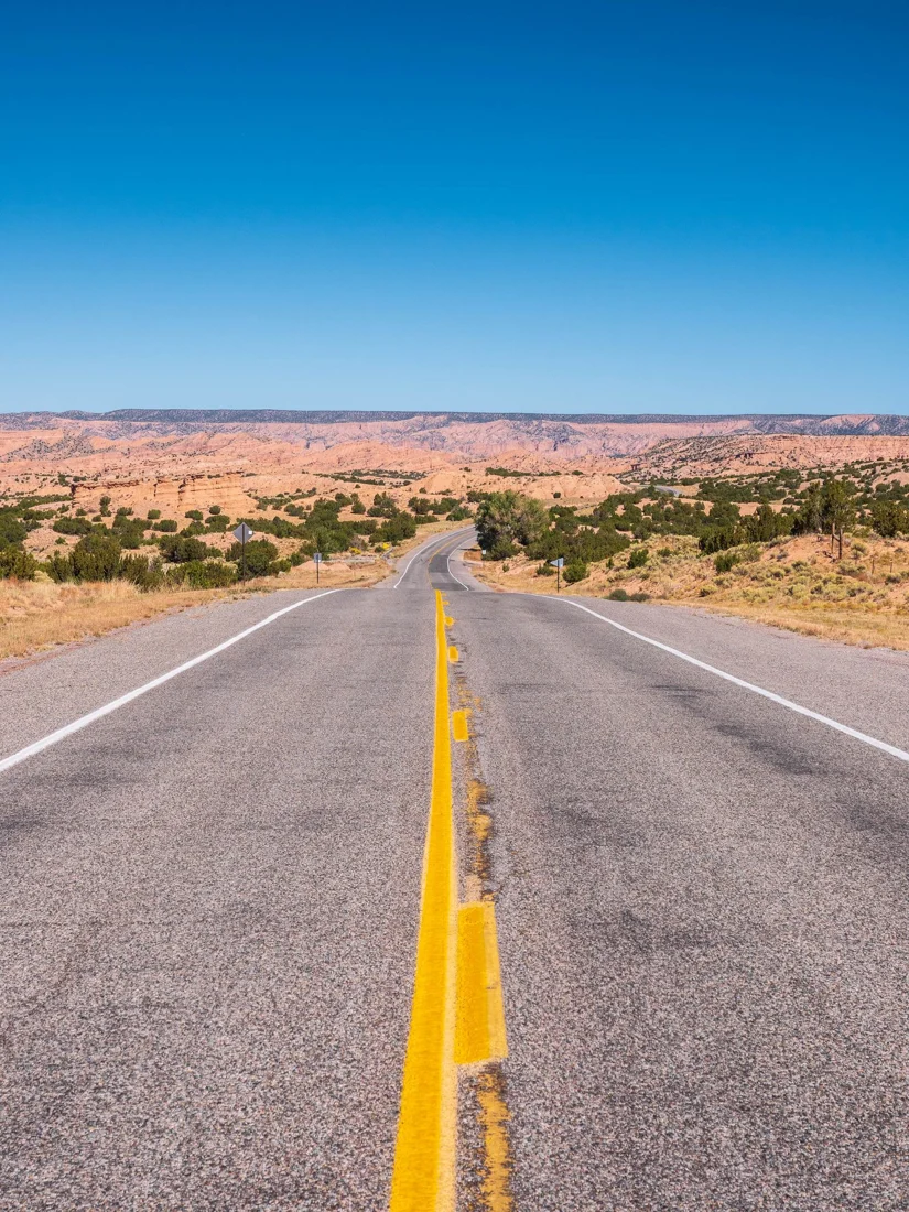 A deserted asphalt road through the New Mexico landscape.
