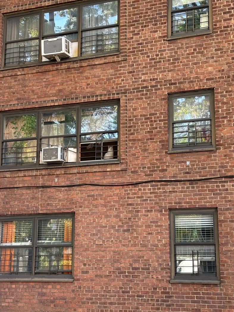 Detailed view of a brick apartment facade with air conditioning units in New York.