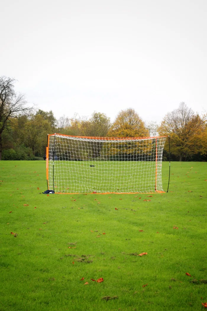 A soccer net stands empty on a lush green field with autumn trees.