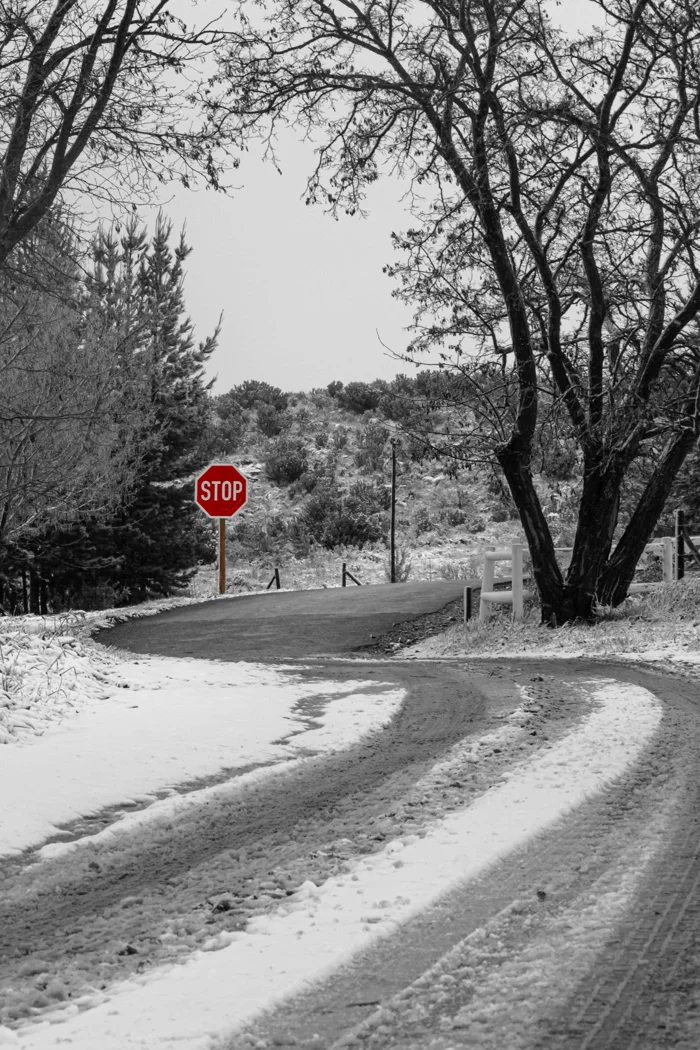 Snow-covered rural road leading to a stop sign amidst bare winter trees.