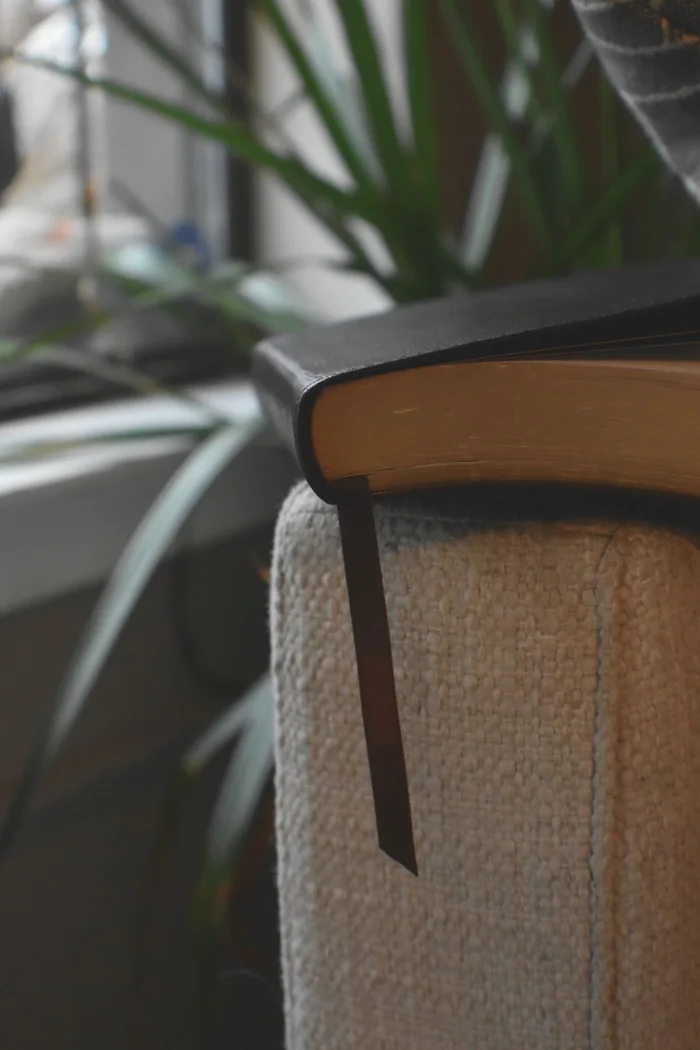 Close-up of a book resting on a chair by a window, perfect for a cozy reading nook.